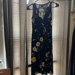 Navy blue with white and yellow flowers fraud wrap dress